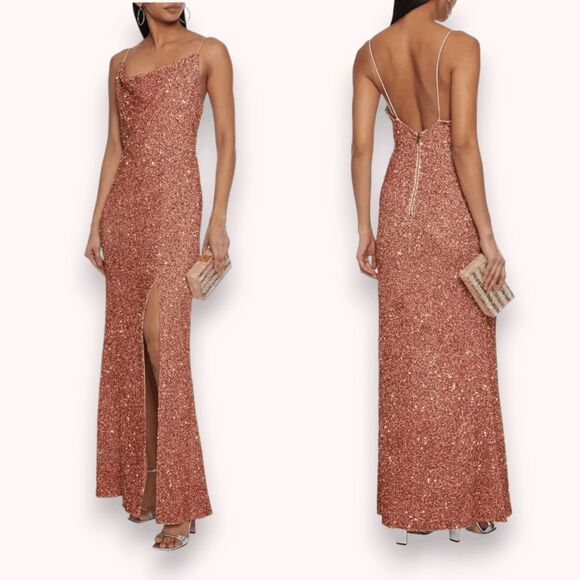 Alice + Olivia Diana Sequined Cowl Neck Slit Gown Antique Rose Pink Dress Size 0 - Picture 1 of 15